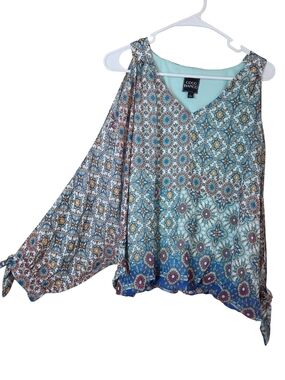 Coco Bianco Women's Blue Multi-Print Cold Shoulder Blouse